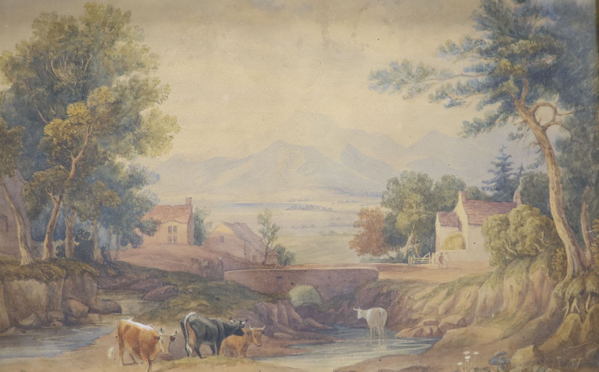 19th century Scottish, pair of watercolours, Figure by a waterfall and Cattle watering, 32 x 47cm and 30 x 47cm